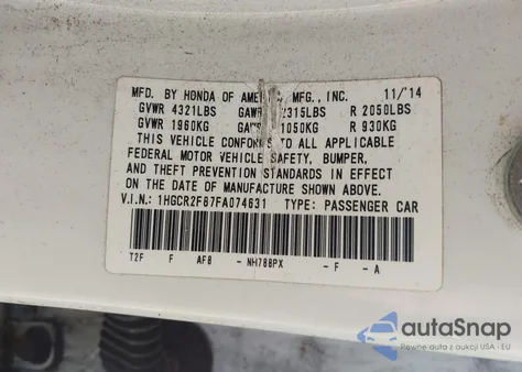 2015 Honda Accord Ex-L z USA, uszkodzony, nr VIN 1HGCR2F87FA074631